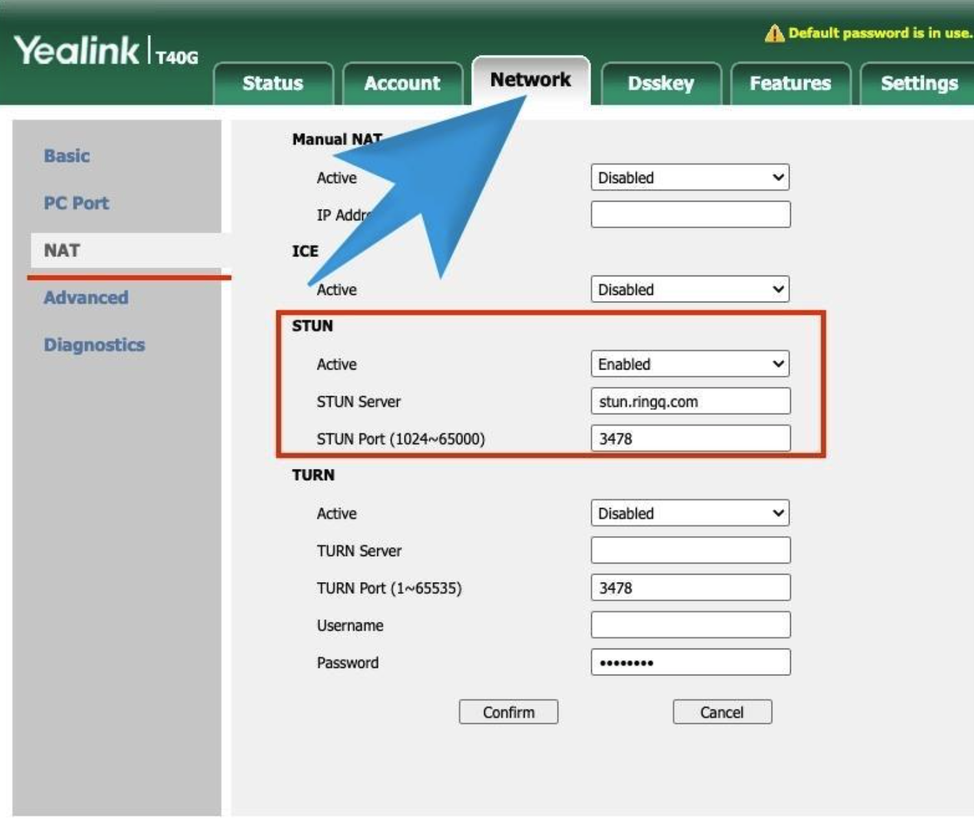 Manual provisioning STUN settings for Yealink.
